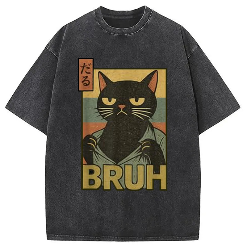 Modecanvas Funny Cat Bruh Washed T-Shirt