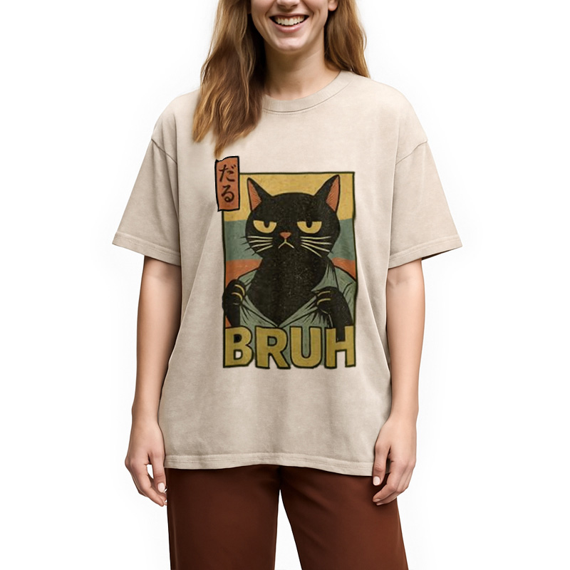 Modecanvas Funny Cat Bruh Washed T-Shirt