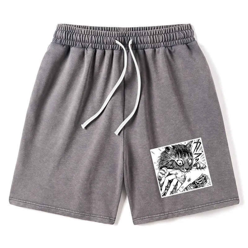Modecanvas Creepy Cat Anime Horror Anteater Washed Shorts