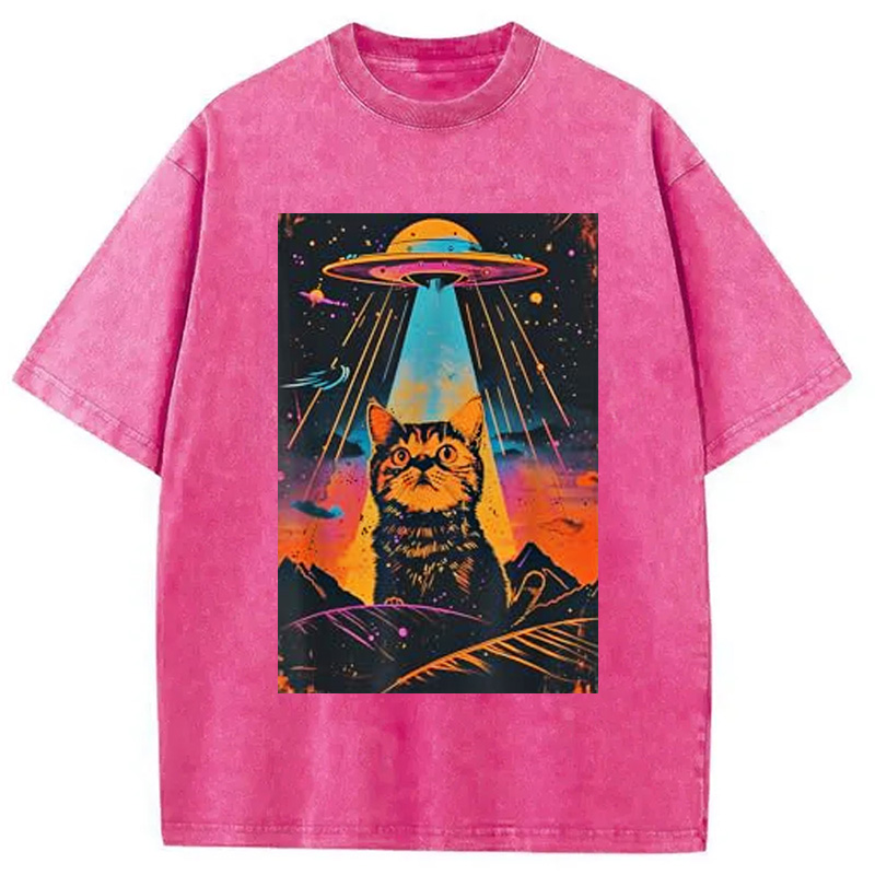Modecanvas Catzilla Vintage Funny Cute Cat Washed T-Shirt-modecanvas