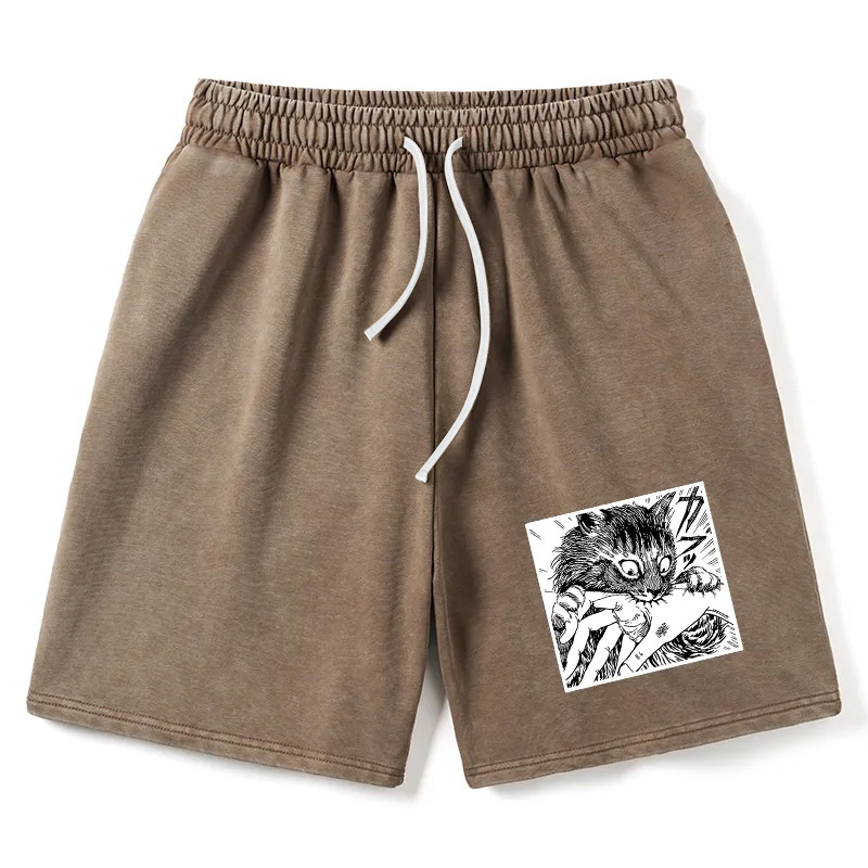 Modecanvas Creepy Cat Anime Horror Anteater Washed Shorts