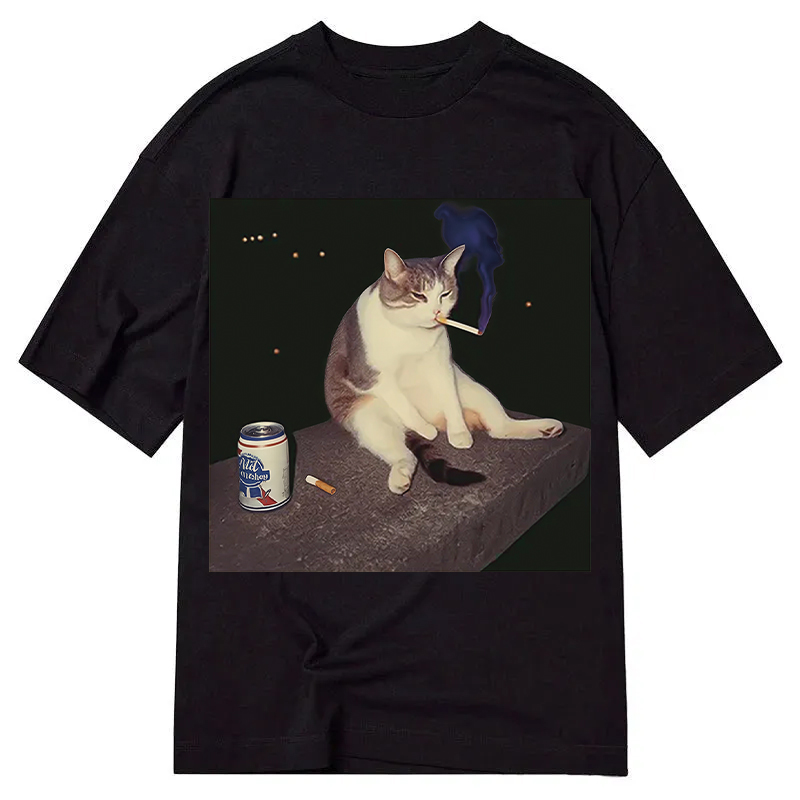 Modecanvas Cigarette Kitten Funny Smoking Cat Meme DTG Printing Classic T-Shirt-modecanvas