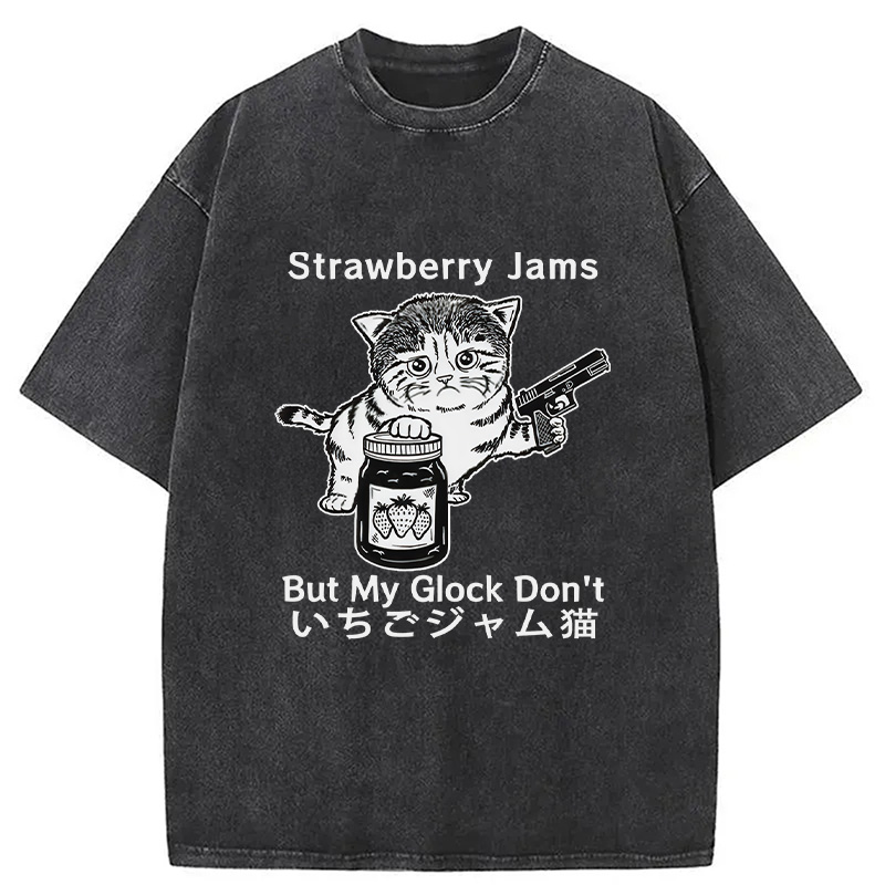 Modecanvas Strawberry Jam Cat Washed T-Shirt-modecanvas