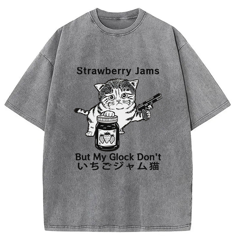 Modecanvas Strawberry Jam Cat Washed T-Shirt-modecanvas