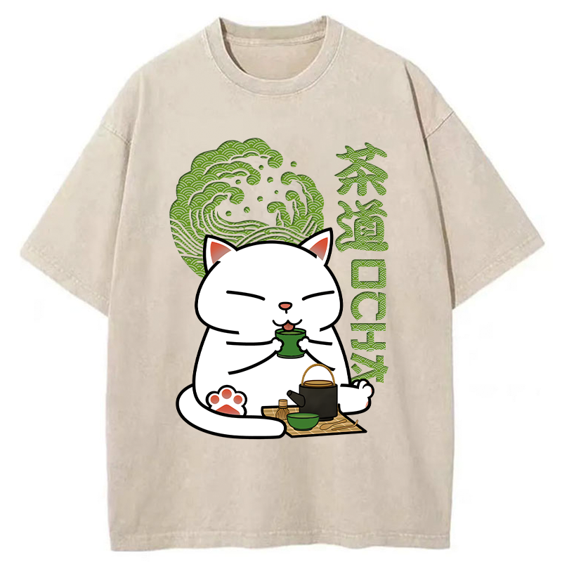 Modecanvas Cat Tasting Tea Washed T-Shirt