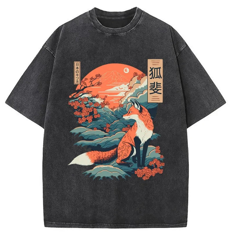 Modecanvas Japanese Kitsune Fox Sakura Washed T-Shirt