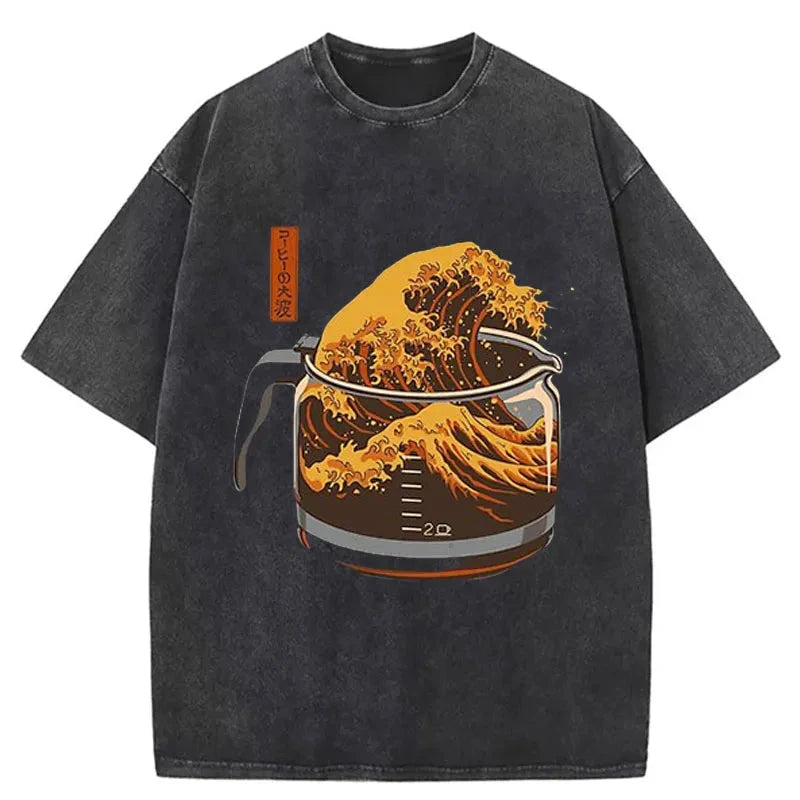 Modecanvas The Great Wave Off Coffee Japanese Washed T-Shirt-modecanvas