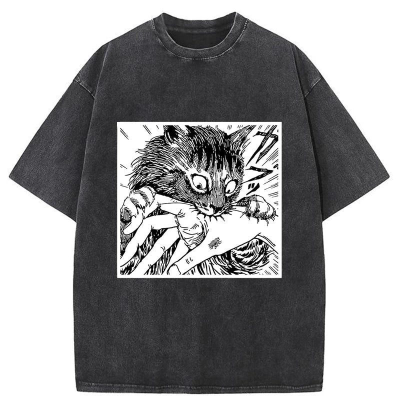 Modecanvas Creepy Cat Anime Horror Anteater Washed T-Shirt