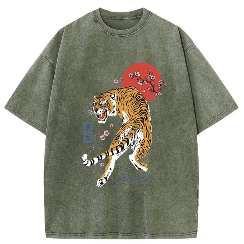 Modecanvas Tiger Blossom Japanese Sakura Washed T-Shirt-modecanvas