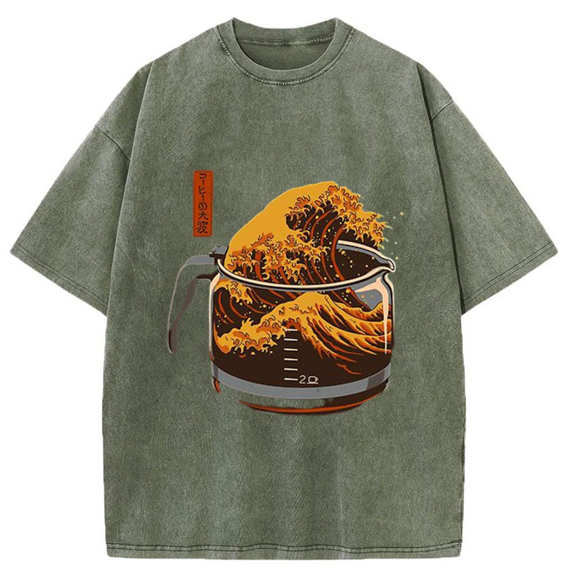 Modecanvas The Great Wave Off Coffee Japanese Washed T-Shirt-modecanvas