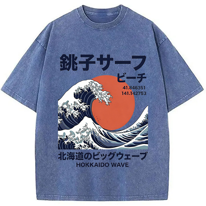 Modecanvas Hokkaido Wave Poster DTG Printing Washed T-Shirt