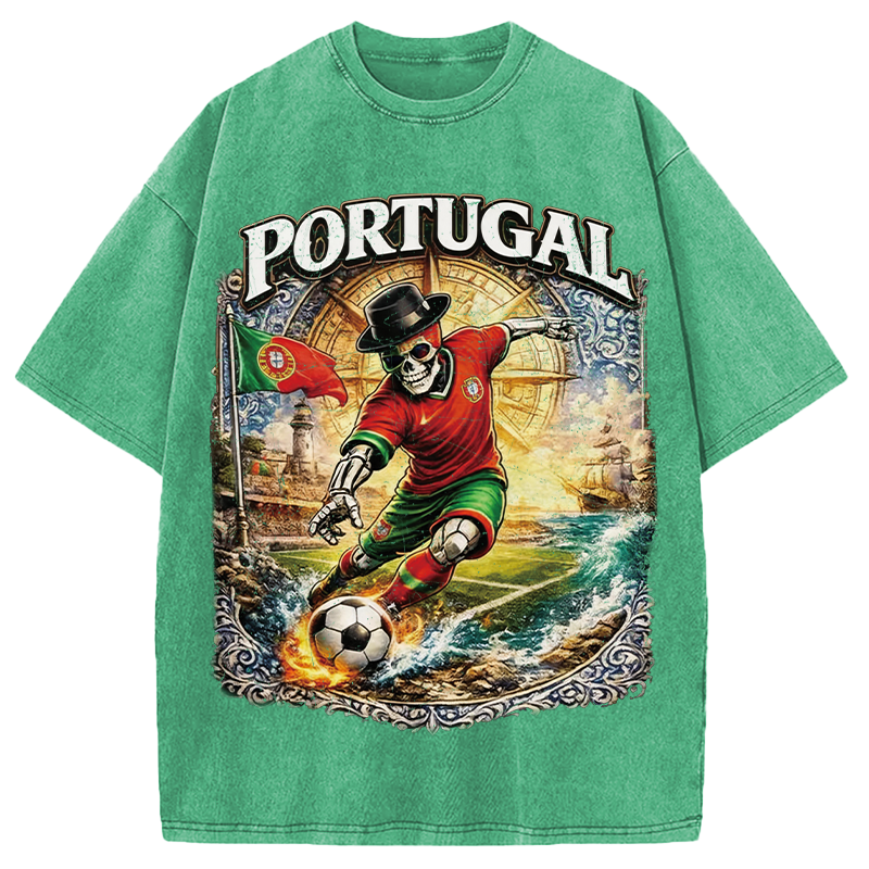 Modecanvas Portugal Soccer Skull DTG Printing Washed T-Shirt