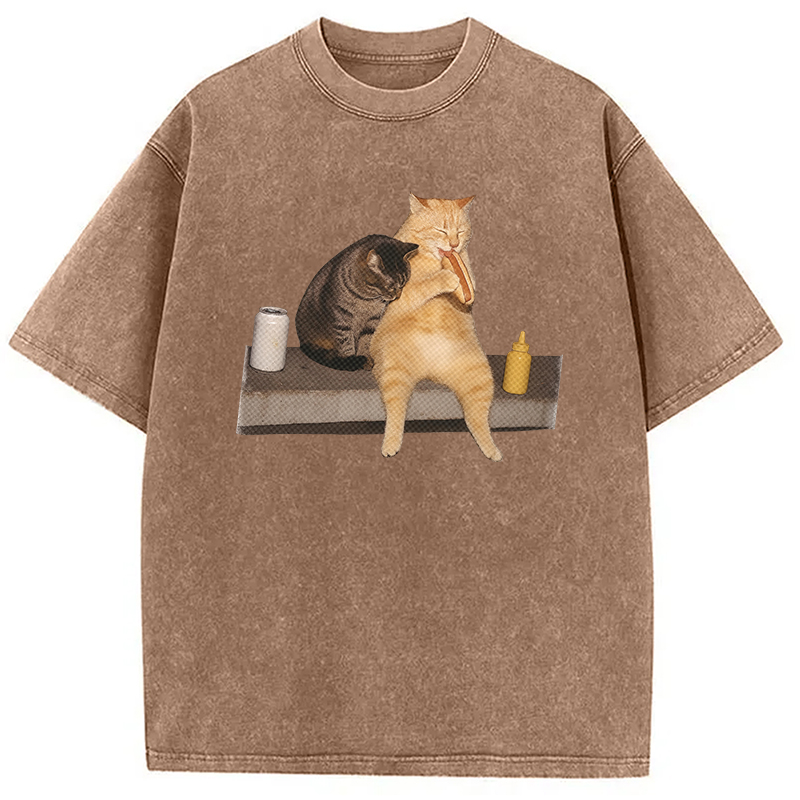 Modecanvas Cat Eating Hot Dog Washed T-Shirt