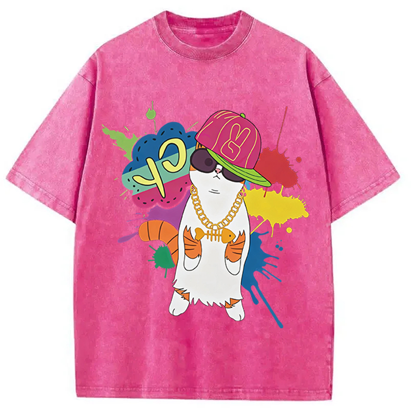Modecanvas Hip Hop Cat DTG Printing Washed T-Shirt