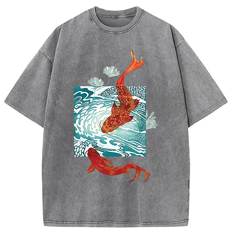 Modecanvas Koi In Wave Patterns DTG Printing Washed T-Shirt