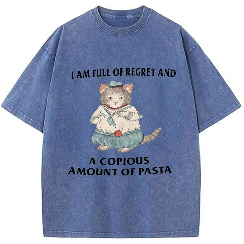 Modecanvas I Am Full Of Regret And A Copious Amount Of Pasta Cats Meme DTG Printing Washed T-Shirt