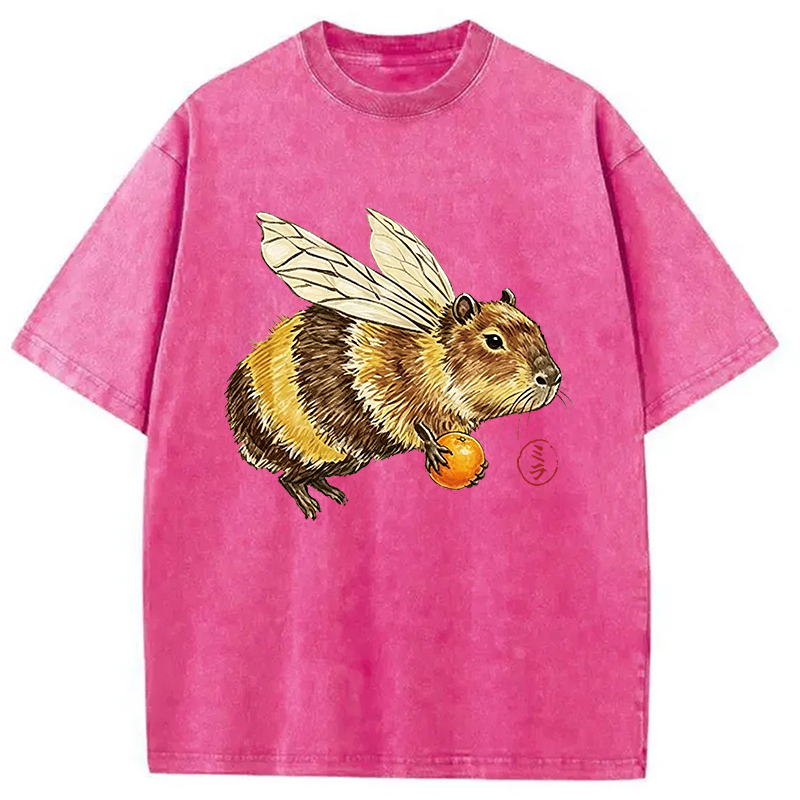 Modecanvas Funny Capybara Bee Meme DTG Printing Washed T-Shirt