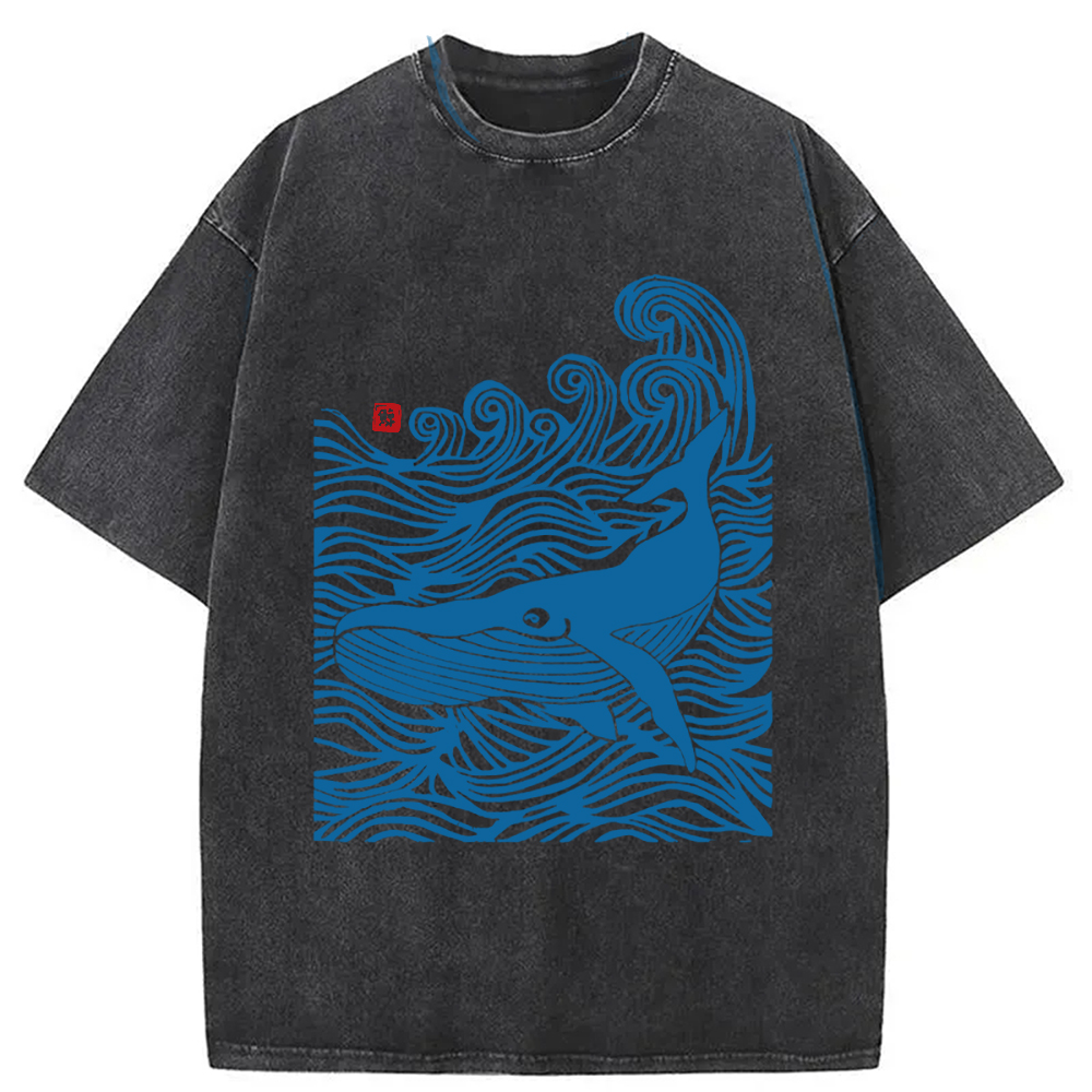 Modecanvas Woodcut Whale Washed T-Shirt-modecanvas