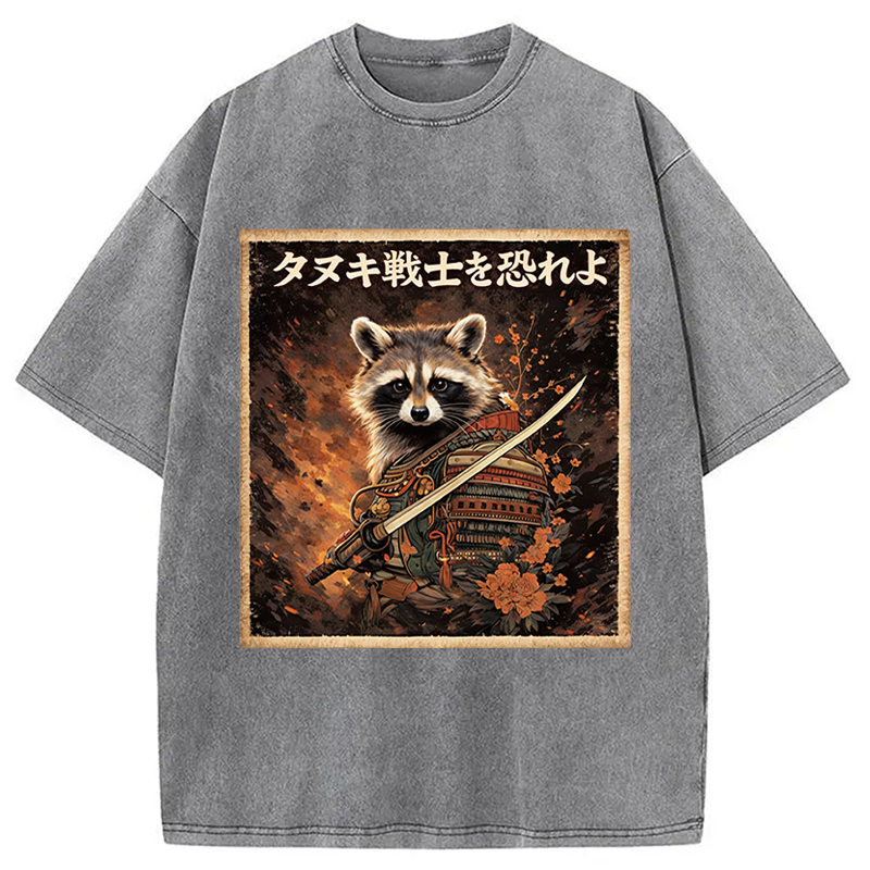 Modecanvas Japanese Raccoon Samurai Funny DTG Printing Washed T-Shirt
