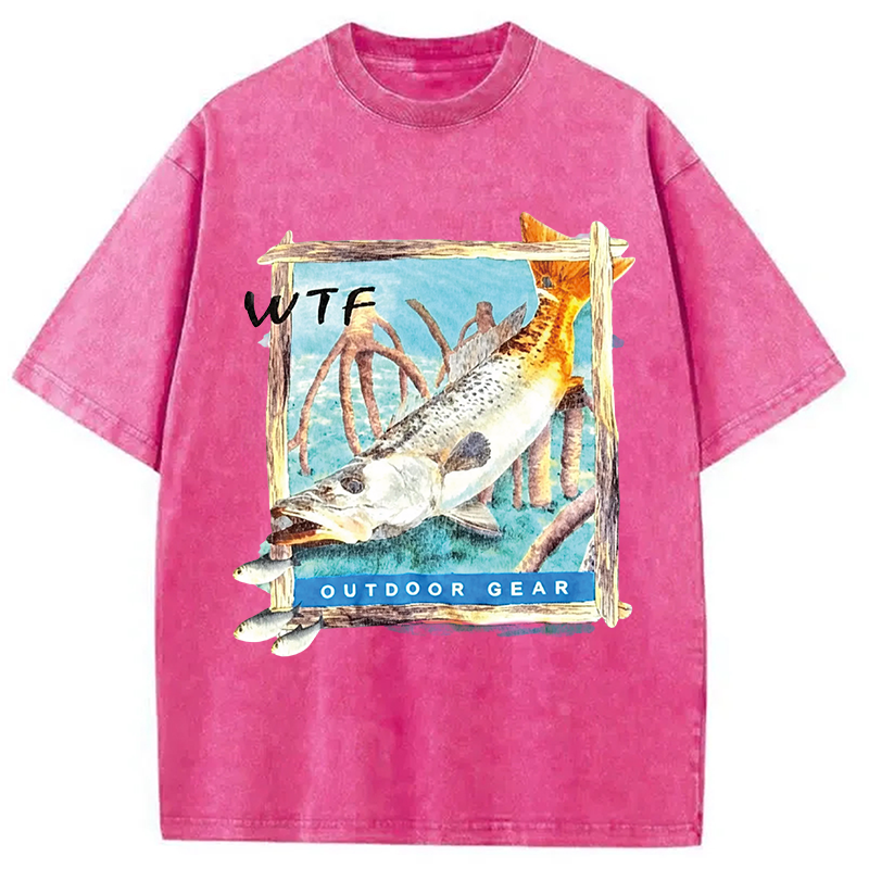 Modecanvas Funny WTF Fishing Fish DTG Printing Washed T-Shirt