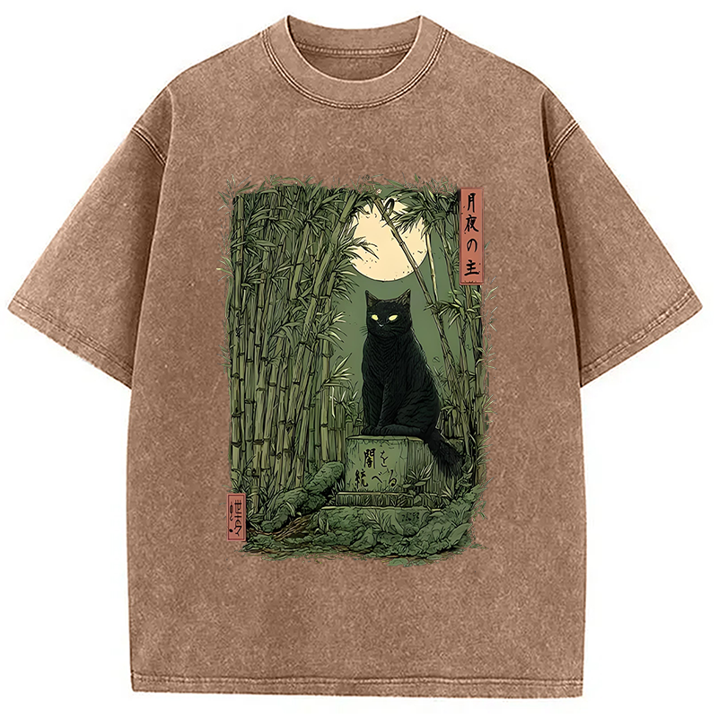 Modecanvas Black Cat In The Bamboo Forest Washed T-Shirt-modecanvas