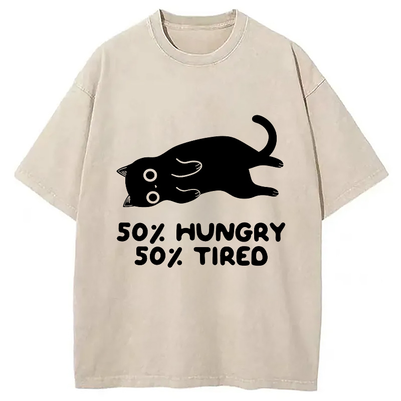 Modecanvas Hungry Tired Black Cat Funny Washed T-Shirt