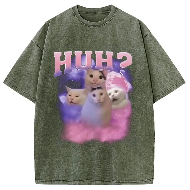 Modecanvas Pink Funny Meme Huh Cat Washed T-Shirt-modecanvas