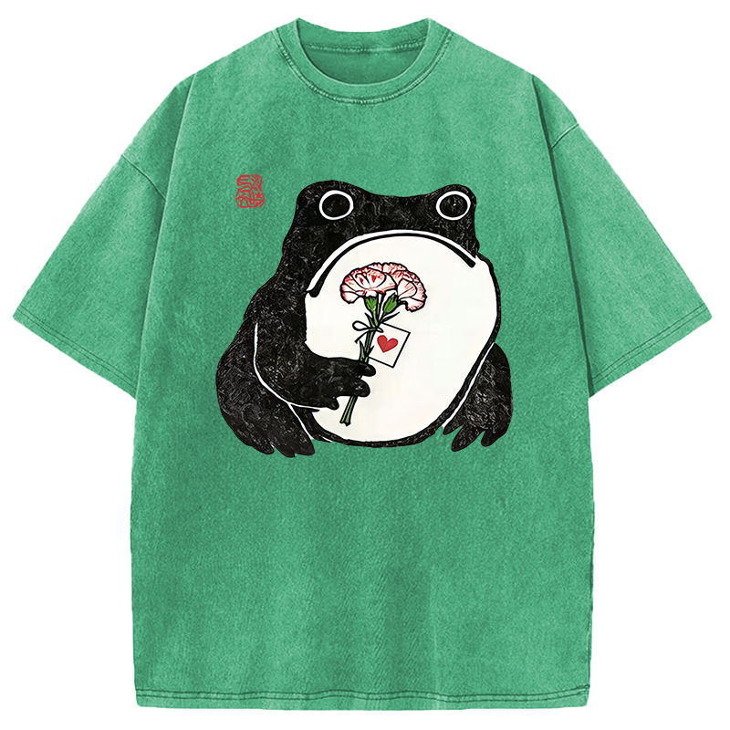 Modecanvas The Frog Holding A Carnation DTG Printing Washed T-Shirt