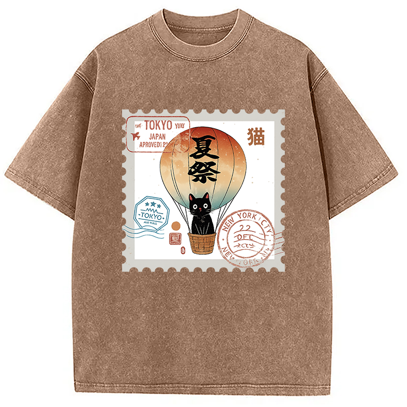 Modecanvas Japanese Cat Stamp Washed T-Shirt