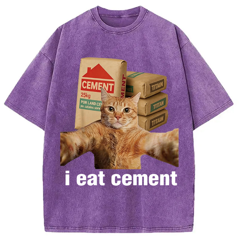 Modecanvas I EAT CEMENT Funny Cat Meme DTG Printing Washed T-Shirt