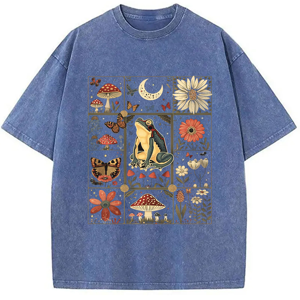 Modecanvas Celestial Frog Goblincore Mushroom Washed T-Shirt-modecanvas