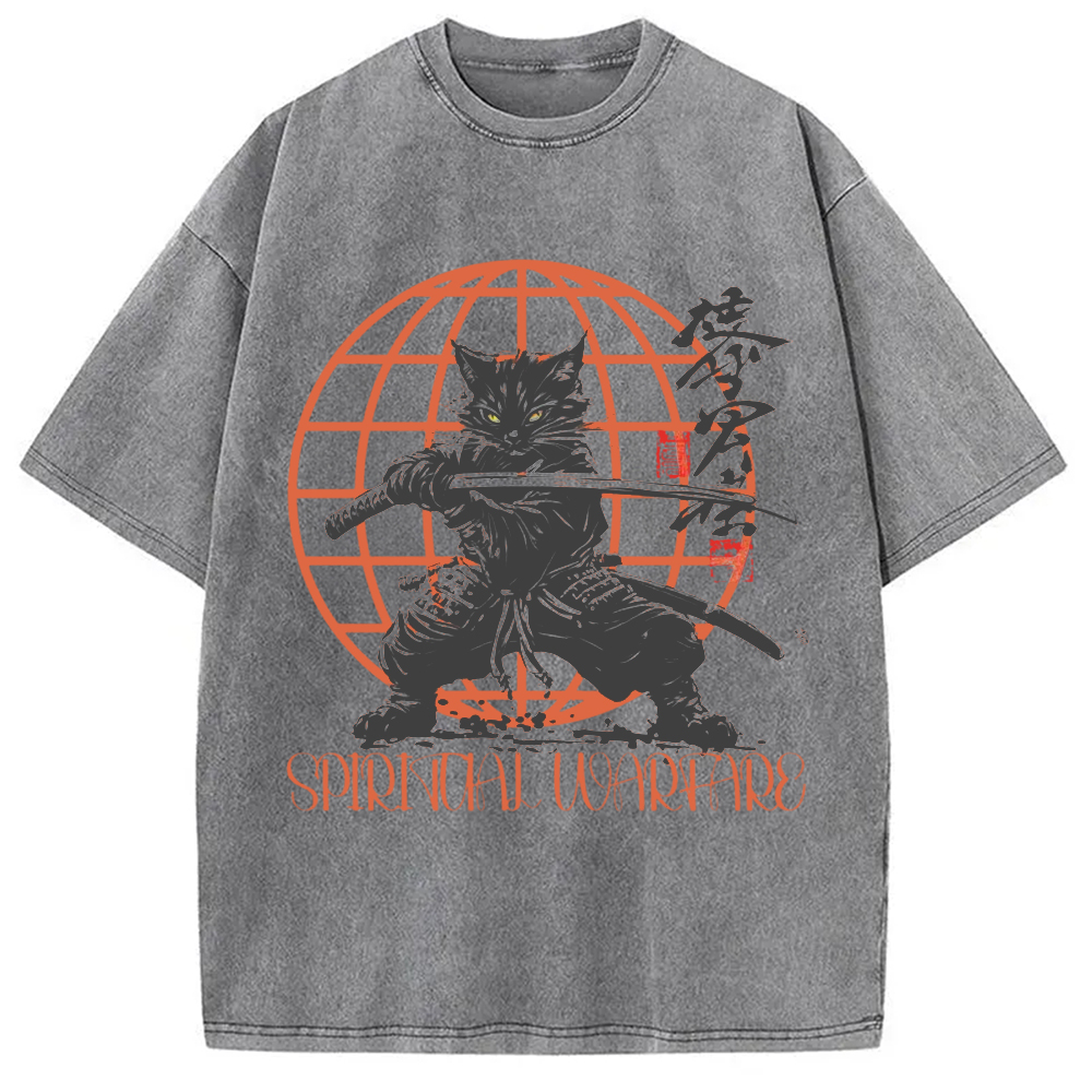 Modecanvas Samurai Cat Spiritual Warfare Washed T-Shirt
