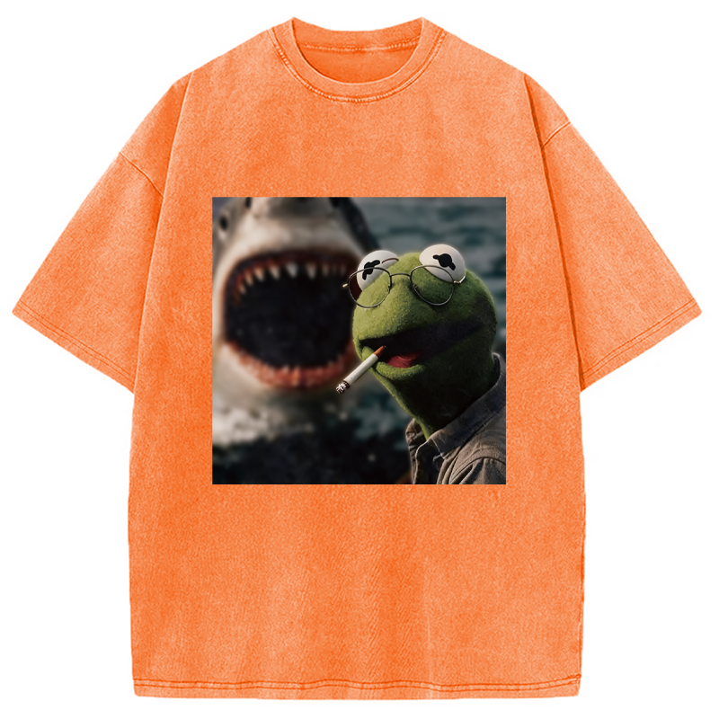 Modecanvas Smoking Frog Meme DTG Printing Washed T-Shirt-modecanvas