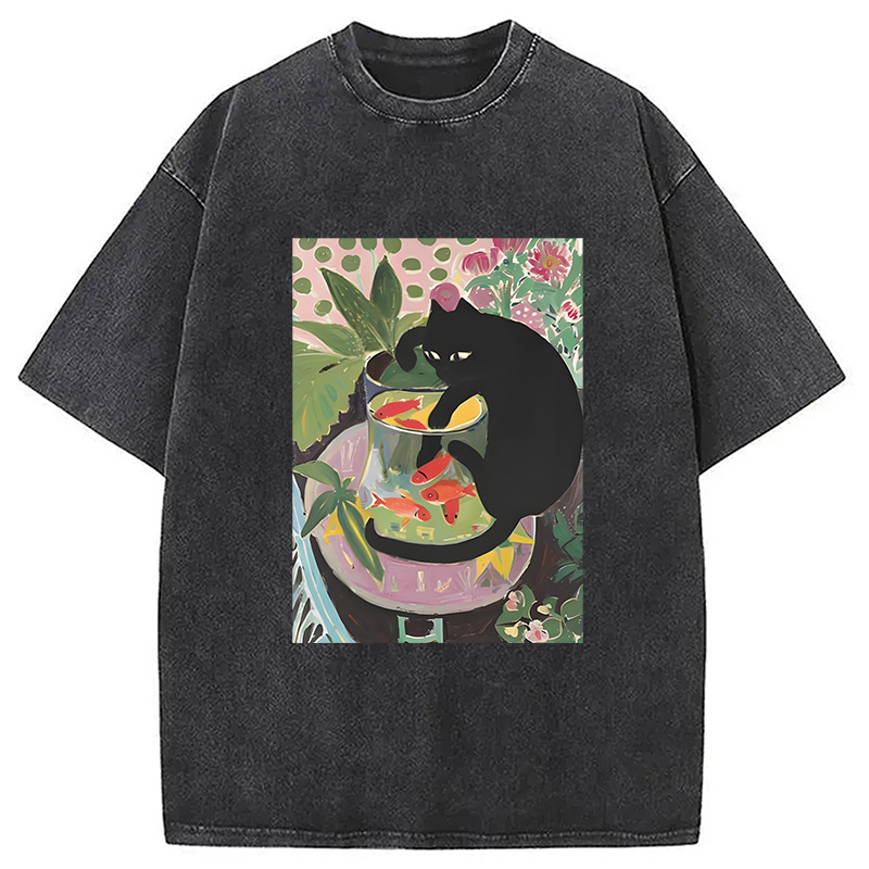 Modecanvas Goldfish And A Cat Washed T-Shirt