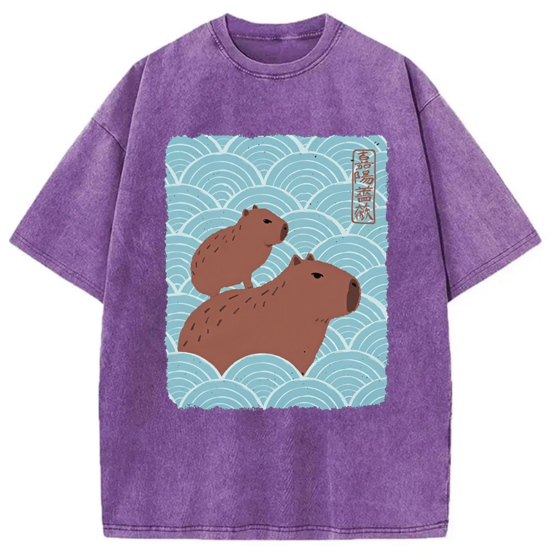 Modecanvas Kawaii Capybara Ukiyo-e Washed T-Shirt