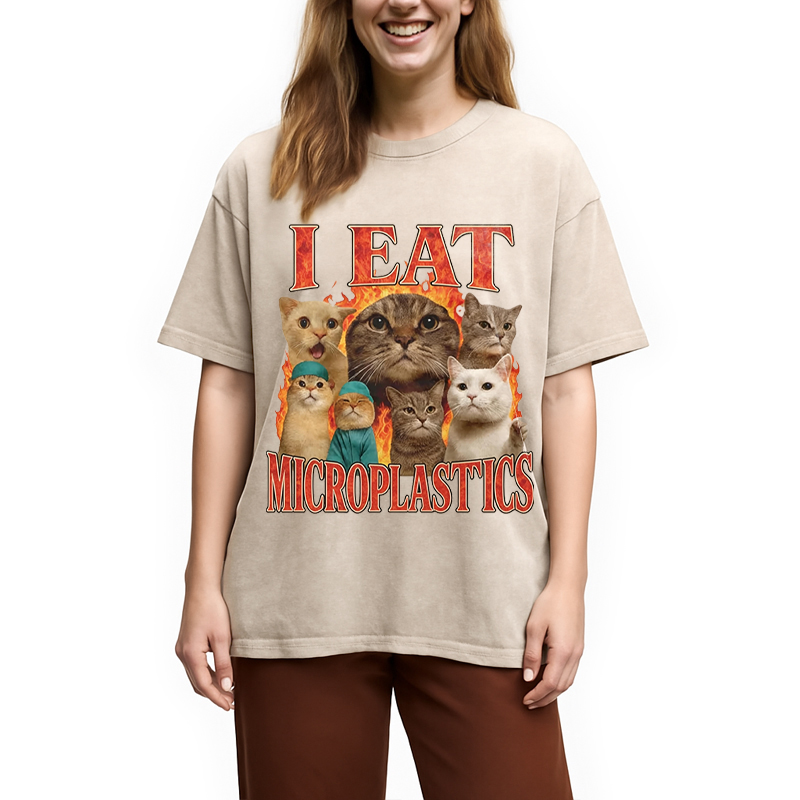 Modecanvas I Eat Microplastics Funny Cat DTG Printing Washed T-Shirt