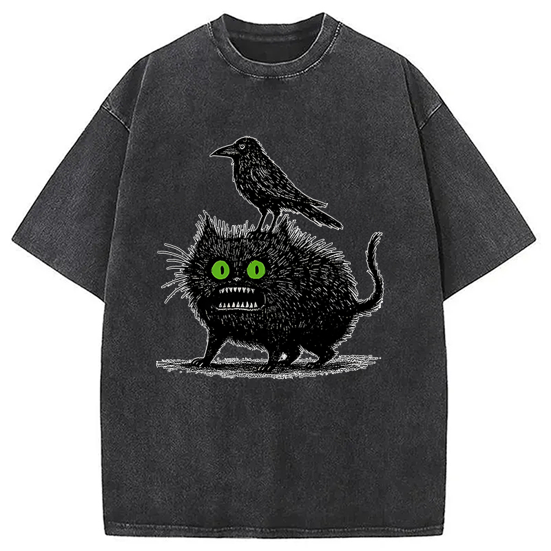 Modecanvas Crow And Black Cat Washed T-Shirt