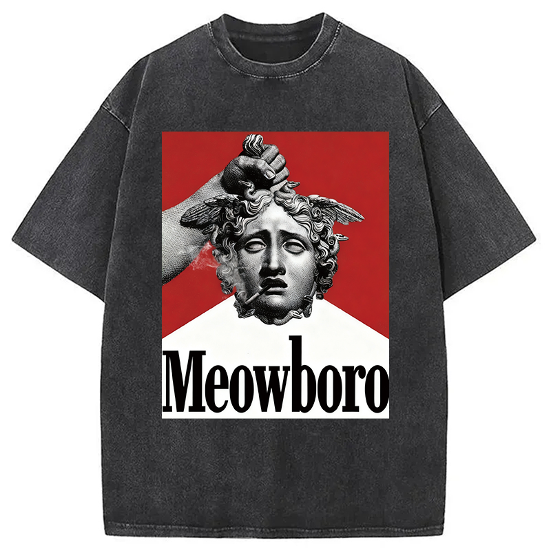 Modecanvas Funny Meowboro Cigarettes Meme Vintage Washed T-Shirt