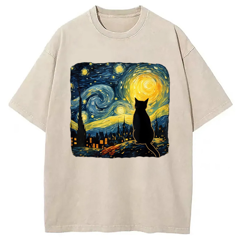 Modecanvas Cat Starry Night Washed T-Shirt