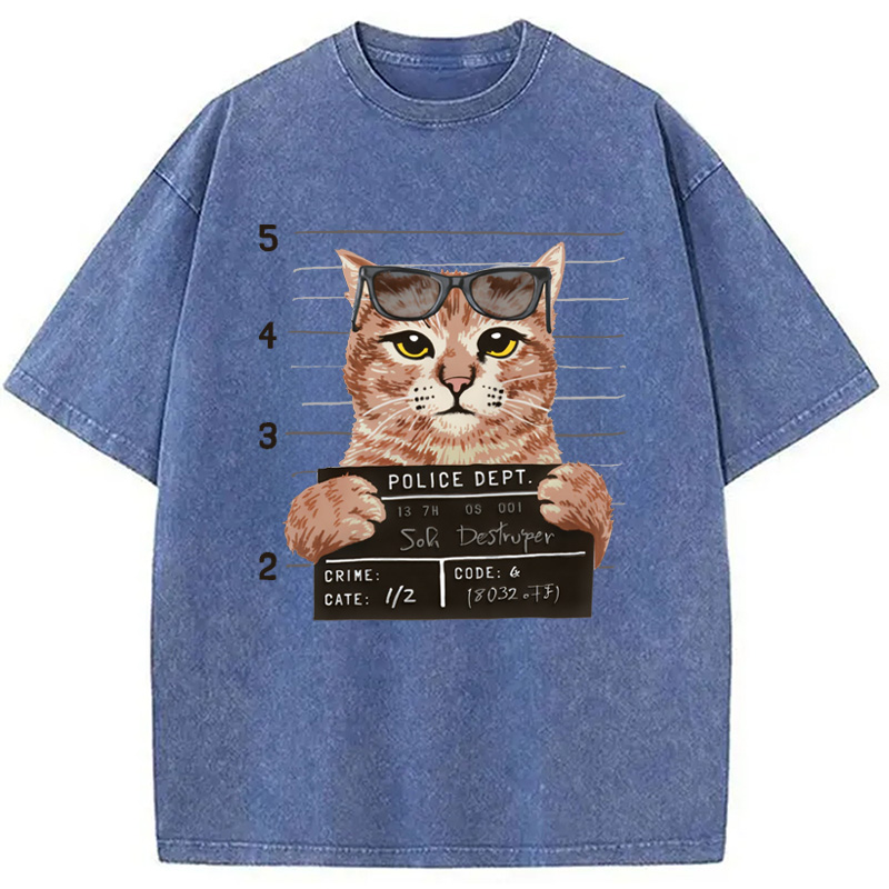 Modecanvas Cat Holding Mugshot Arrested Washed T-Shirt