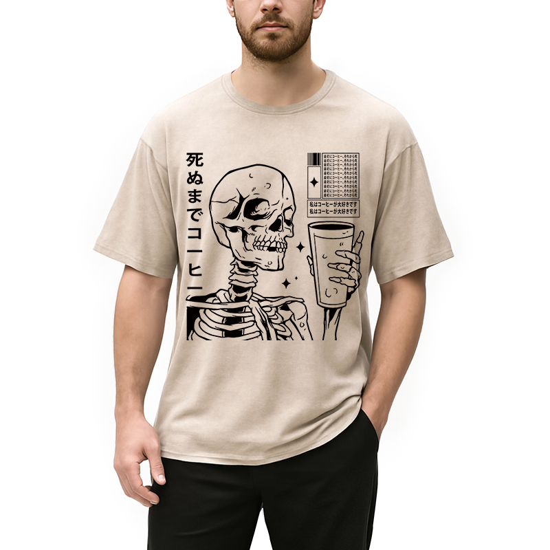 Modecanvas Japanese Skeleton Coffee DTG Printing Washed T-Shirt-modecanvas