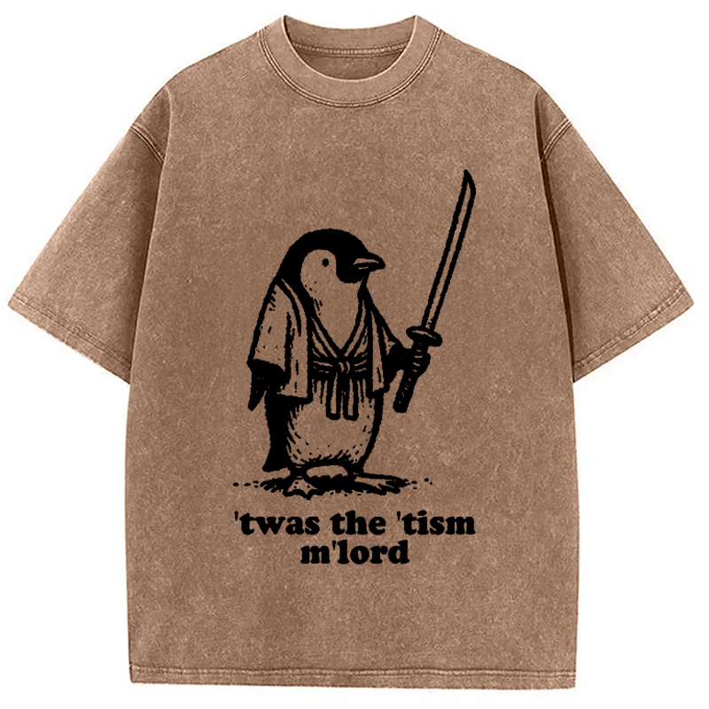 Modecanvas Focused Penguin Samurai Washed T-Shirt-modecanvas