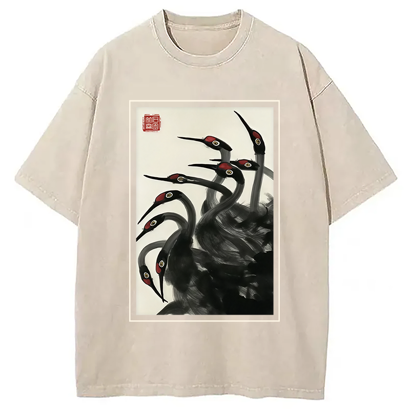 Modecanvas Retro Red Crowned Crane Washed T-Shirt