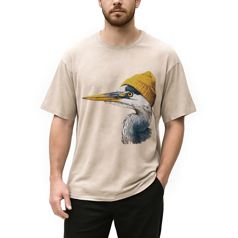 Modecanvas Blue Heron Wearing Beanie DTG Printing Washed T-Shirt