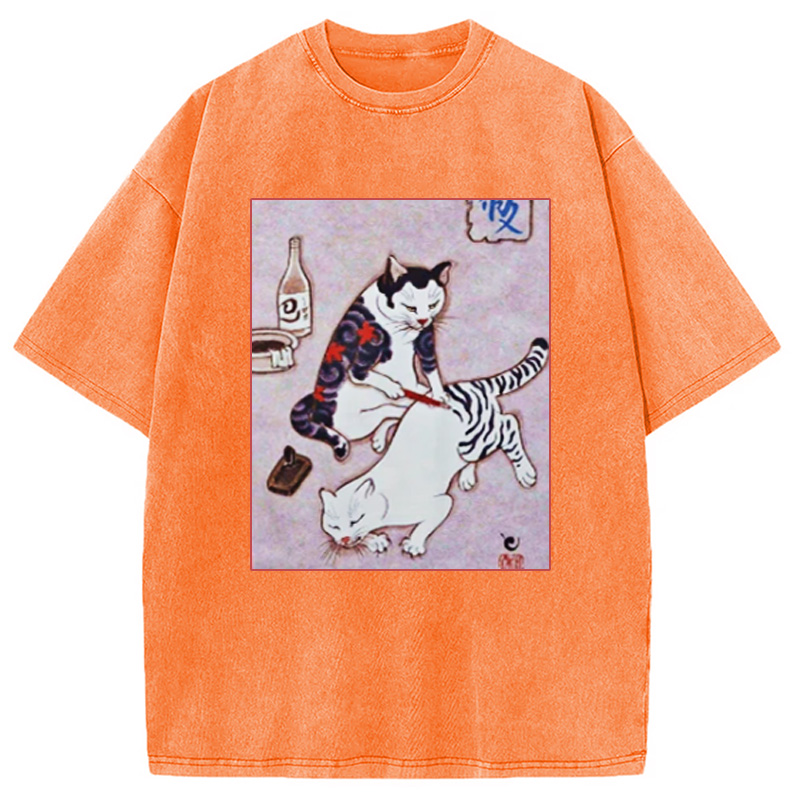 Modecanvas Japanese Tattoo Cat Washed T-Shirt