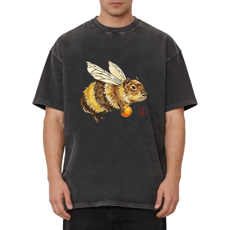 Modecanvas Funny Capybara Bee Meme DTG Printing Washed T-Shirt