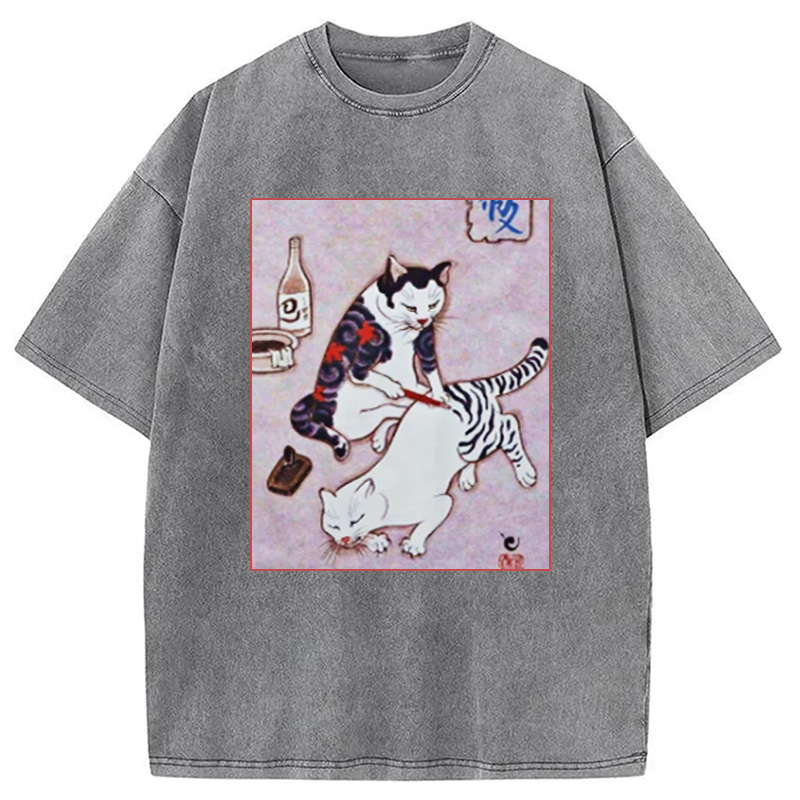 Modecanvas Japanese Tattoo Cat Washed T-Shirt