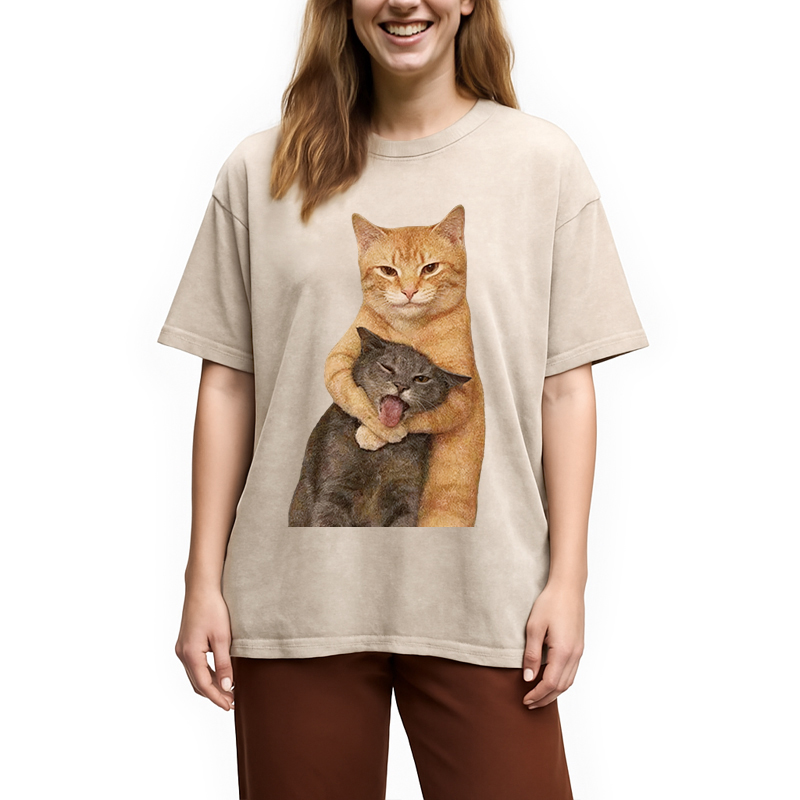 Modecanvas Fighting Cat Meme DTG Printing Washed T-Shirt