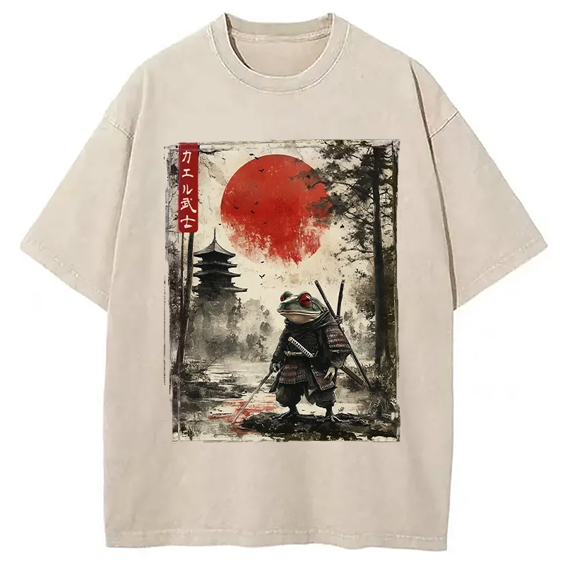 Modecanvas Retro Frog Samurai Japan Washed T-Shirt
