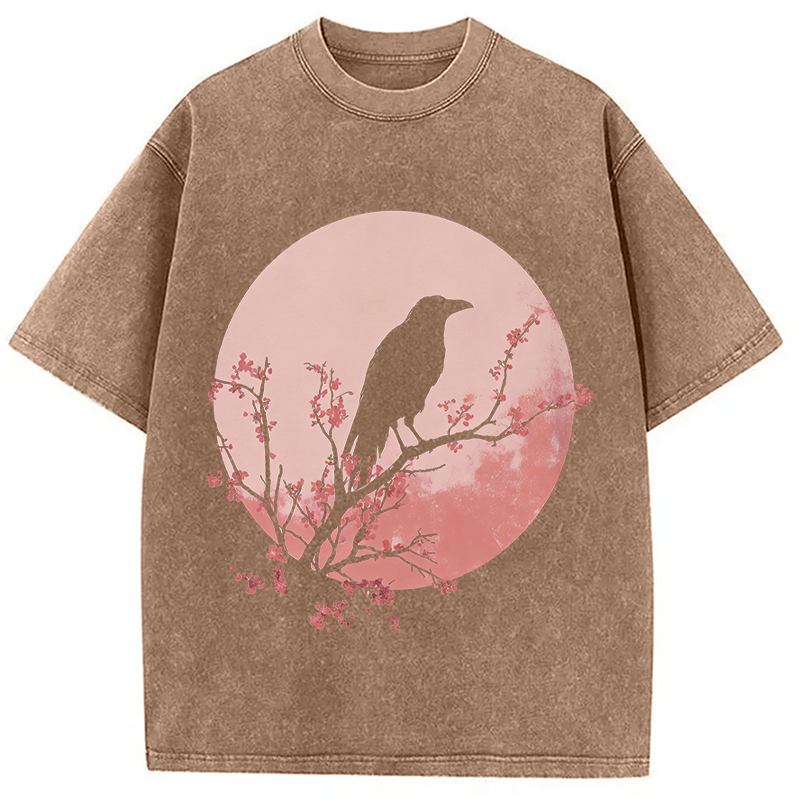 Modecanvas Crow Pink Moon DTG Printing Washed T-Shirt
